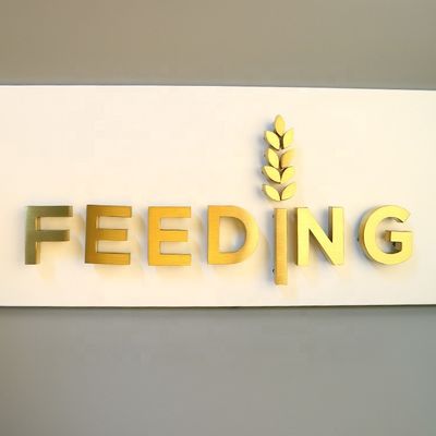 El oro cepilla muestras retroiluminadas de acero inoxidables de las letras